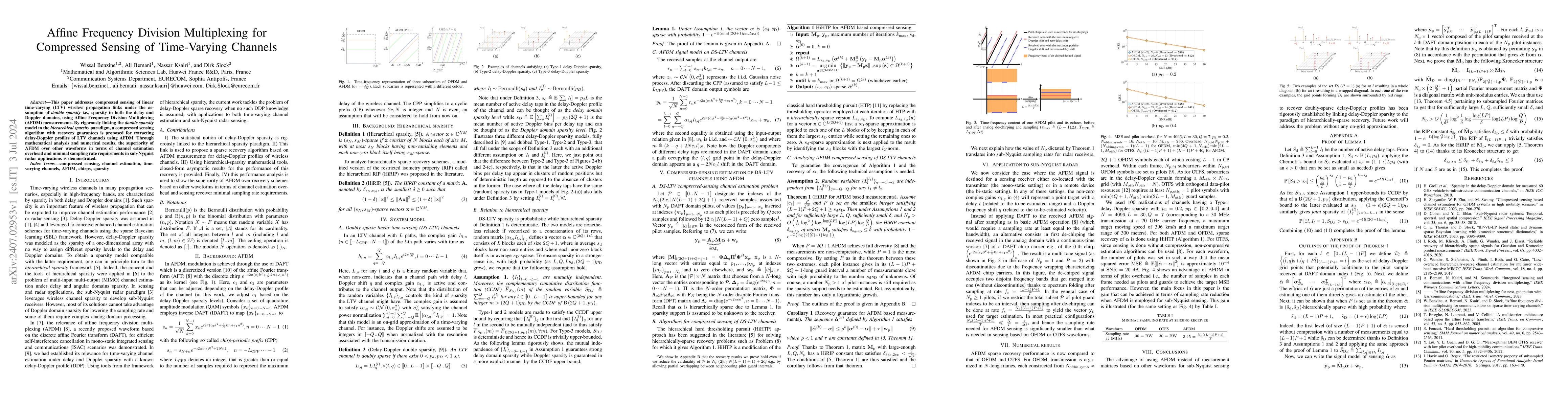 Thumbnail for Affine Frequency Division Multiplexing for Compressed Sensing of
  Time-Varying Channels