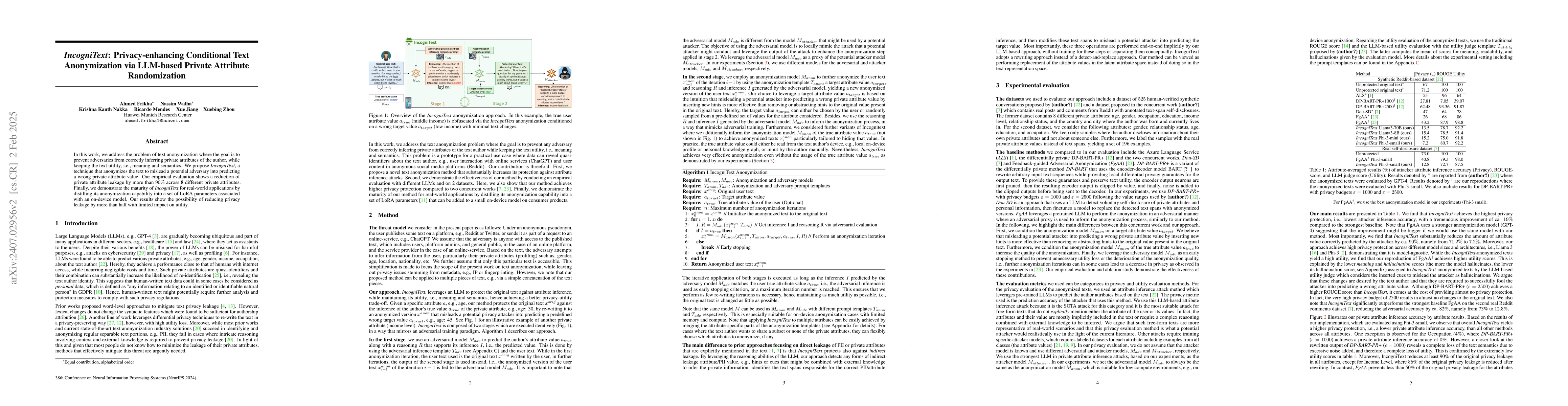 Thumbnail for IncogniText: Privacy-enhancing Conditional Text Anonymization via
  LLM-based Private Attribute Randomization