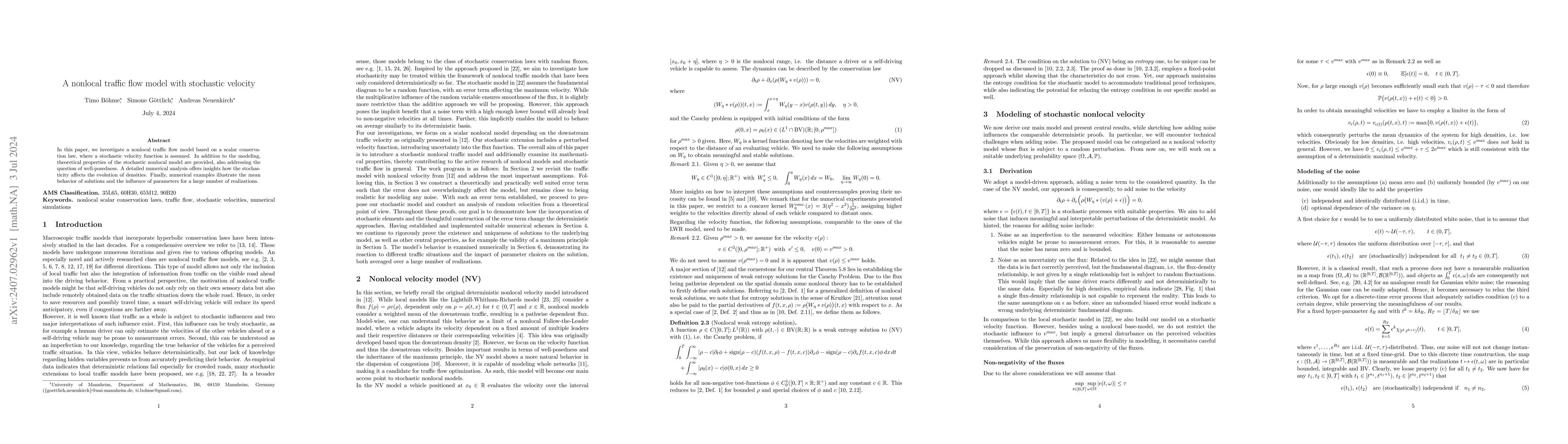 Thumbnail for A nonlocal traffic flow model with stochastic velocity