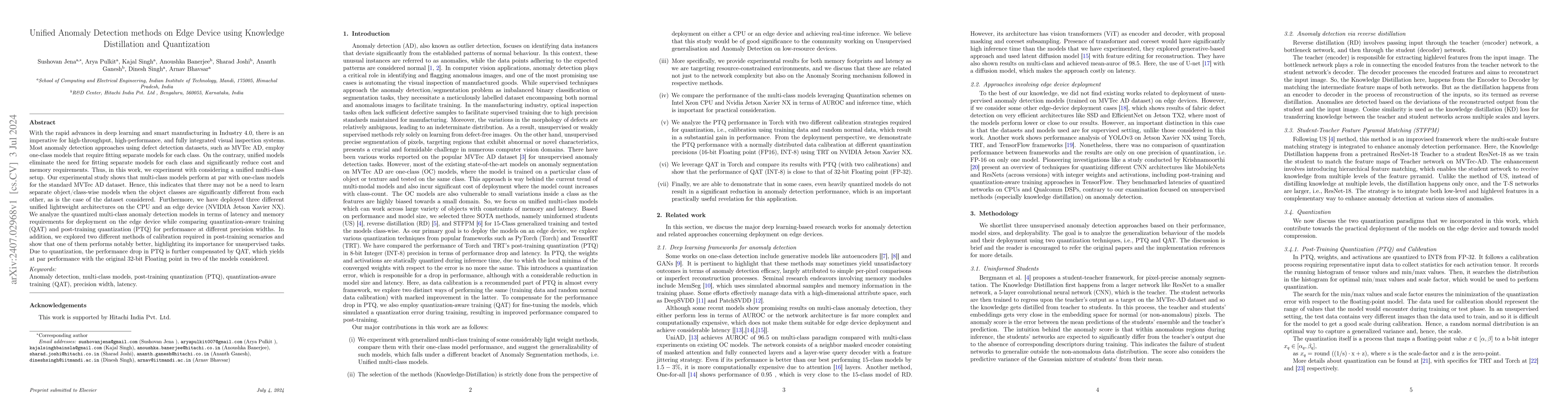 Thumbnail for Unified Anomaly Detection methods on Edge Device using Knowledge
  Distillation and Quantization