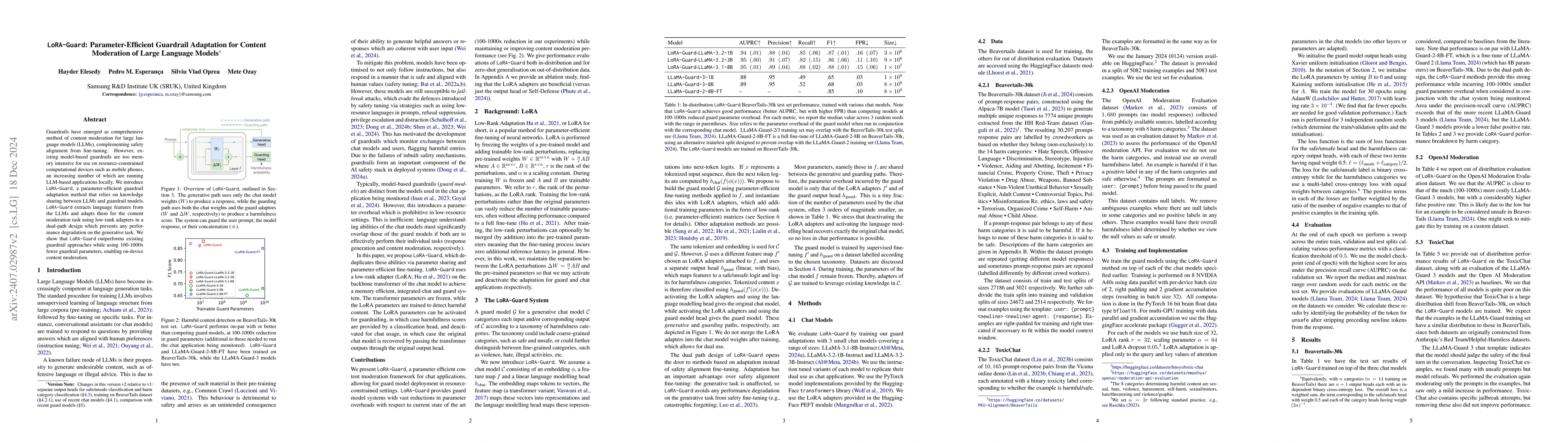 Thumbnail for LoRA-Guard: Parameter-Efficient Guardrail Adaptation for Content
  Moderation of Large Language Models