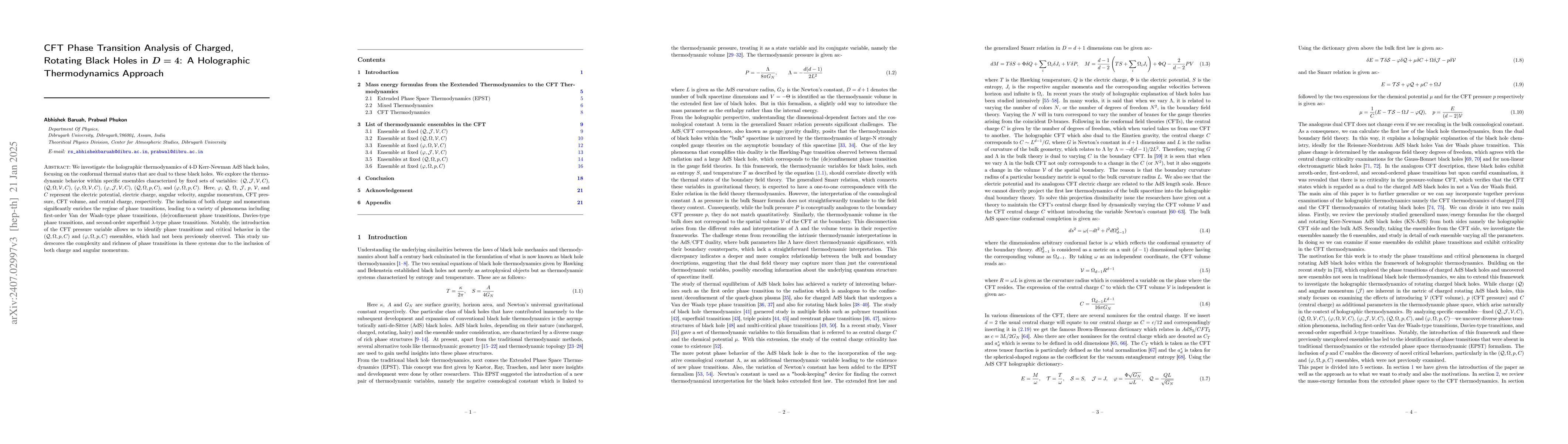Thumbnail for Holographic CFT thermodynamics of charged, rotating black holes in $D=4$
  dimension