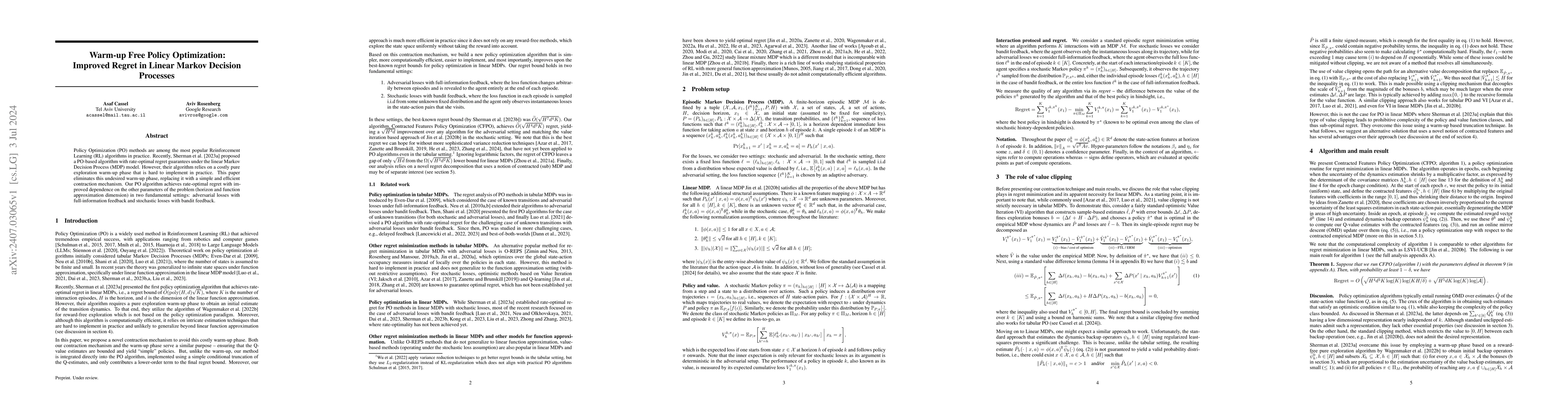 Thumbnail for Warm-up Free Policy Optimization: Improved Regret in Linear Markov
  Decision Processes