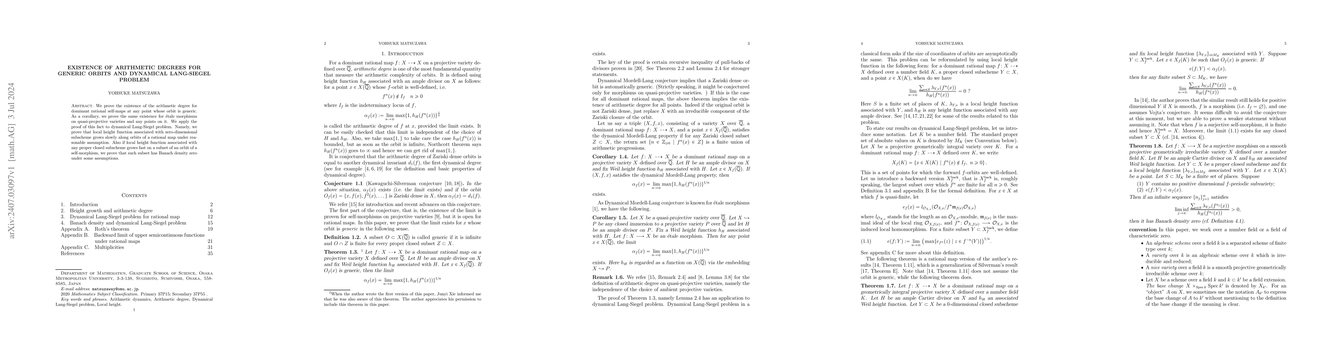 Thumbnail for Existence of arithmetic degrees for generic orbits and dynamical
  Lang-Siegel problem
