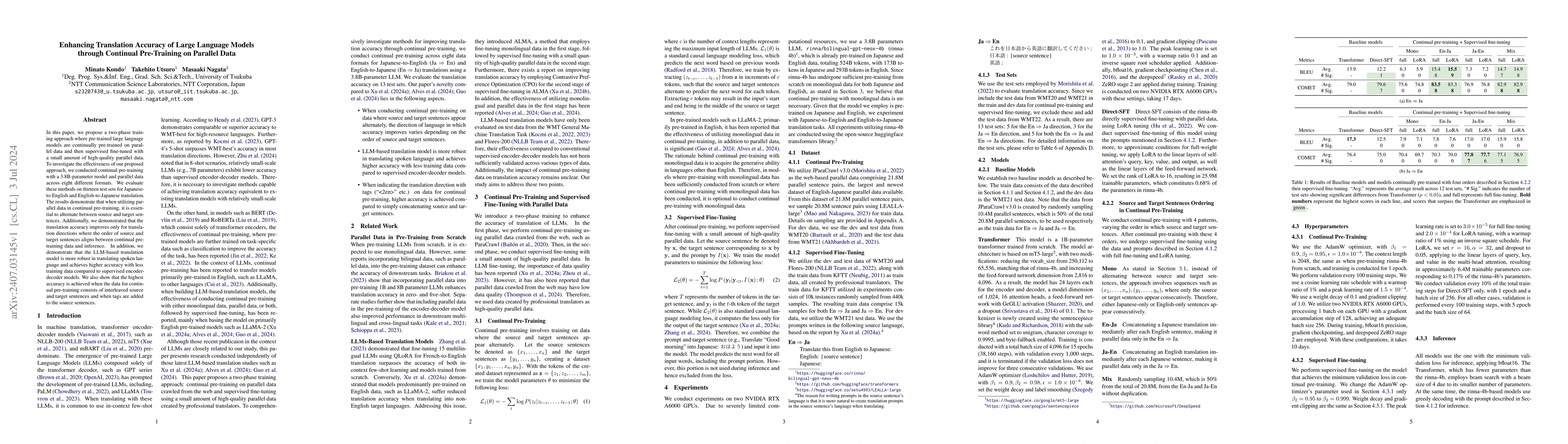 Thumbnail for Enhancing Translation Accuracy of Large Language Models through
  Continual Pre-Training on Parallel Data