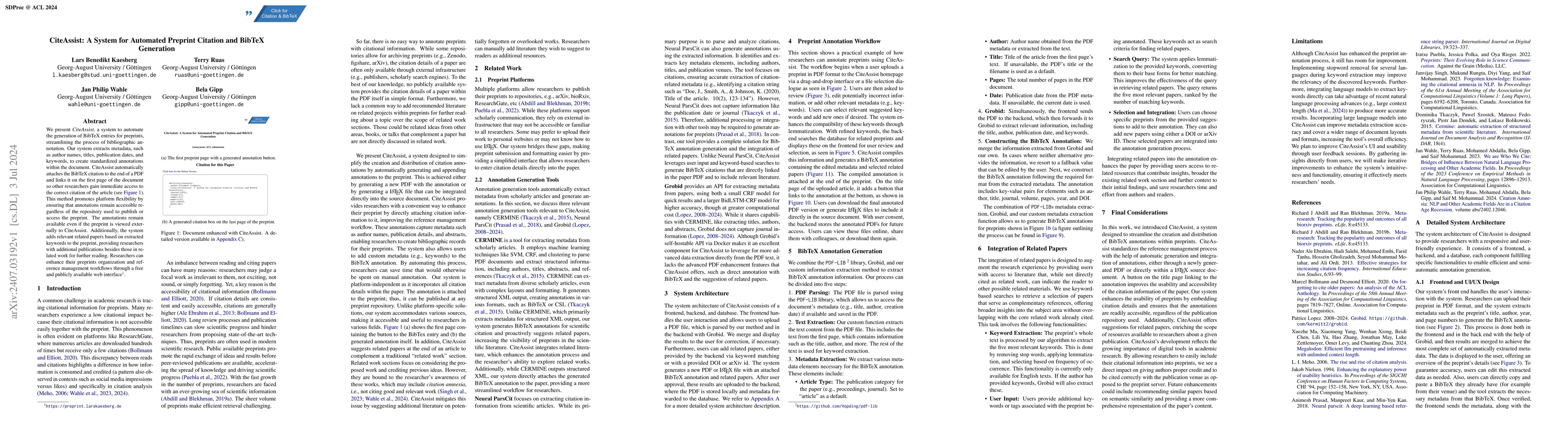 Thumbnail for CiteAssist: A System for Automated Preprint Citation and BibTeX
  Generation