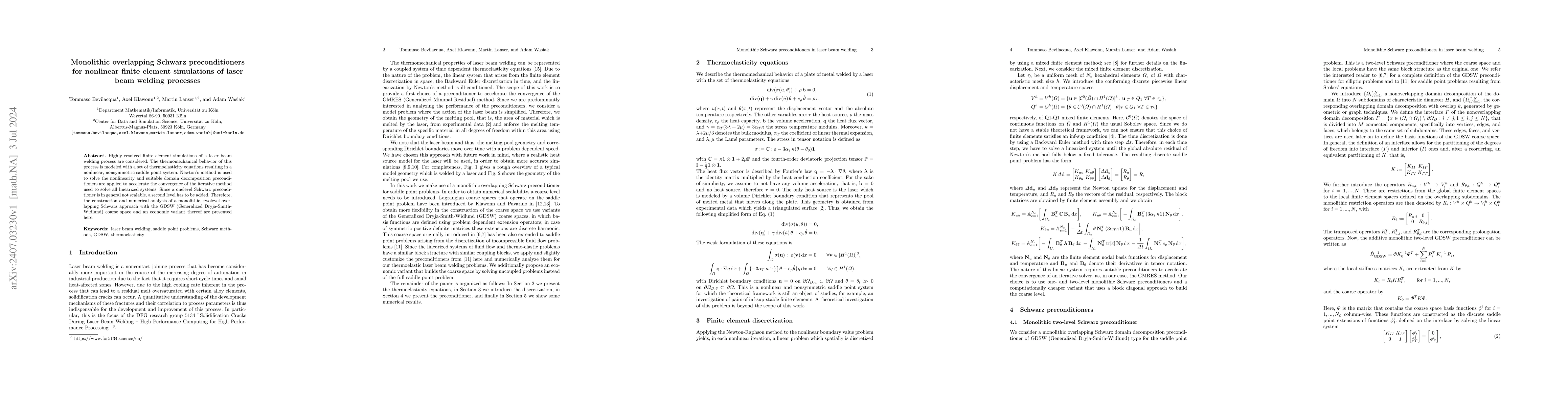 Thumbnail for Monolithic overlapping Schwarz preconditioners for nonlinear finite
  element simulations of laser beam welding processes