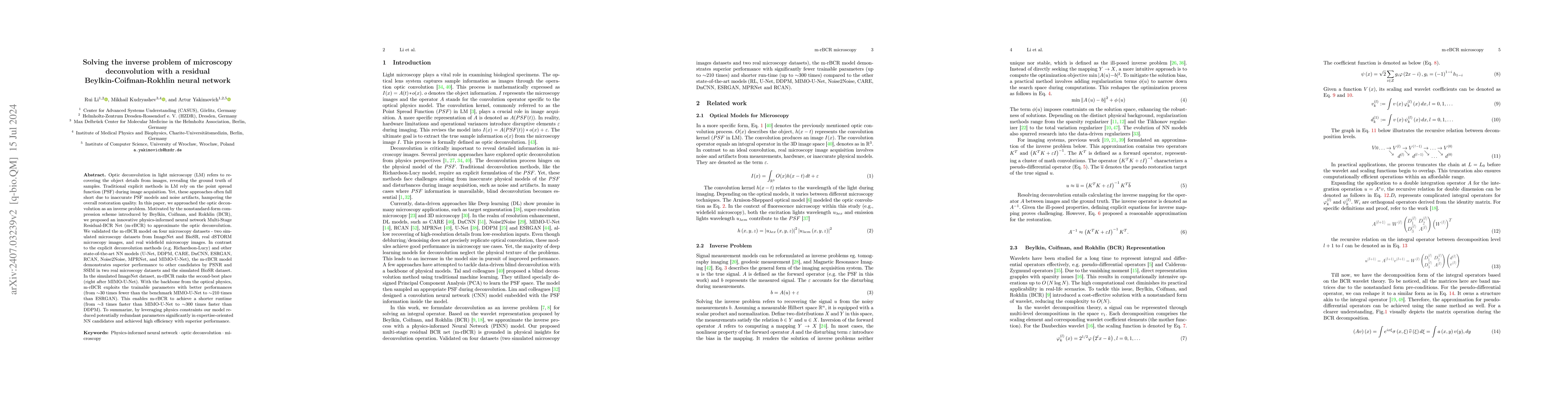 Thumbnail for Solving the inverse problem of microscopy deconvolution with a residual
  Beylkin-Coifman-Rokhlin neural network