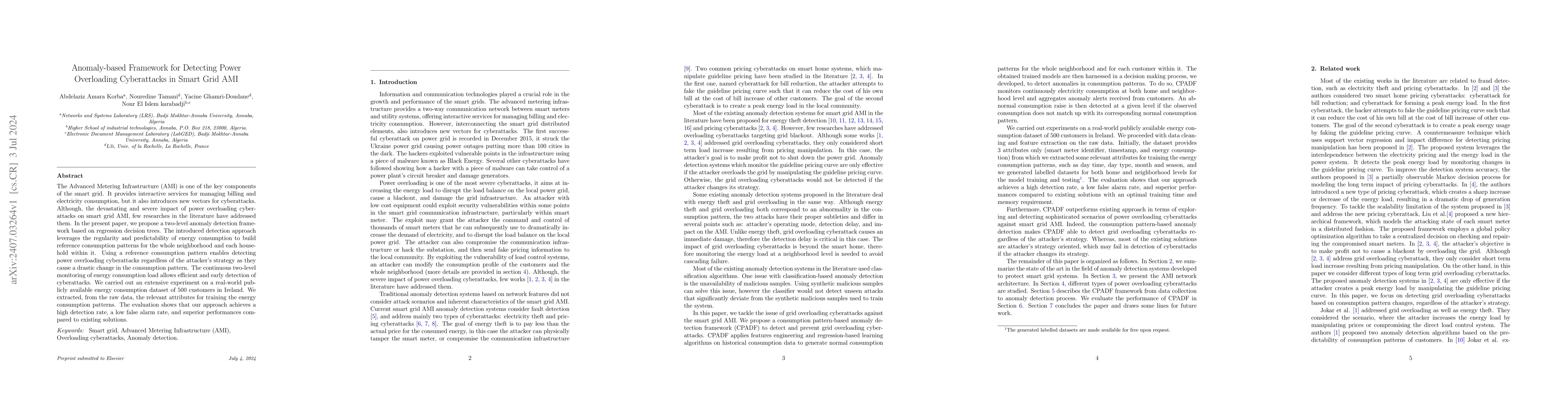 Thumbnail for Anomaly-based Framework for Detecting Power Overloading Cyberattacks in
  Smart Grid AMI