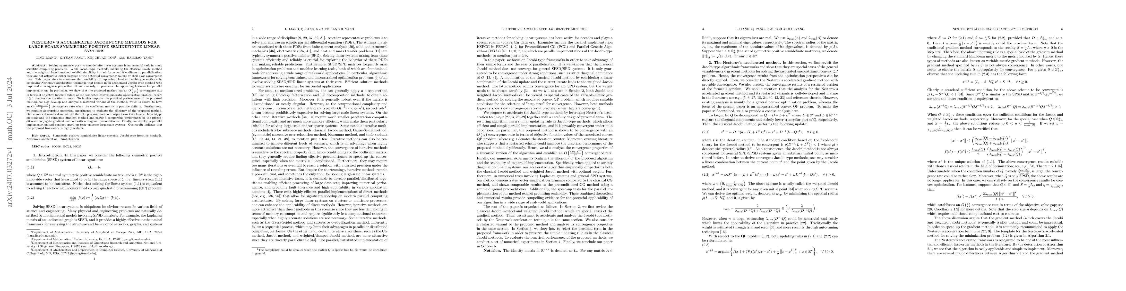 Thumbnail for Nesterov's Accelerated Jacobi-Type Methods for Large-scale Symmetric
  Positive Semidefinite Linear Systems