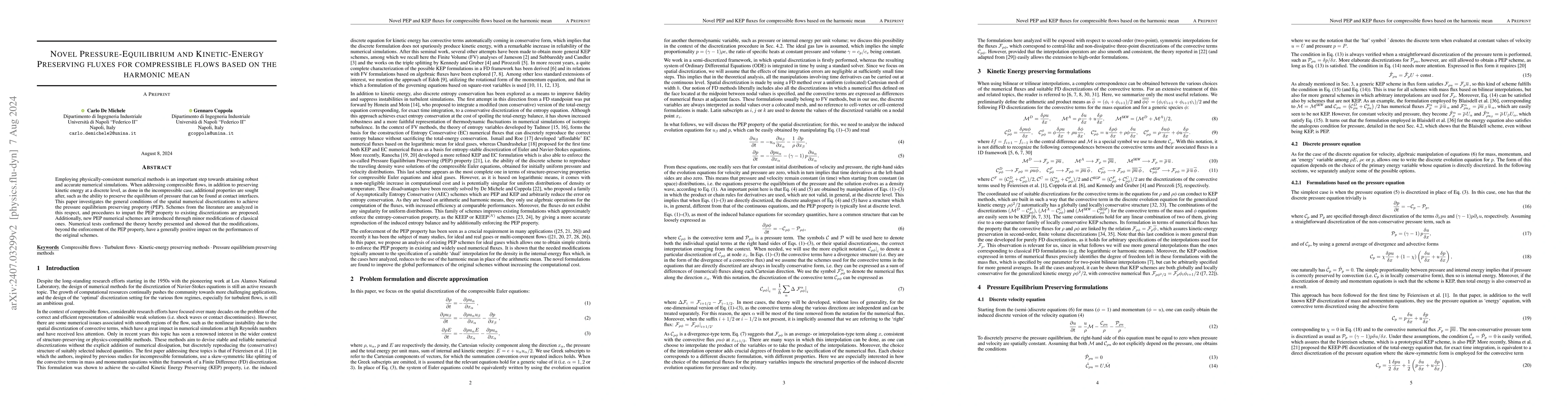 Thumbnail for Novel Pressure-Equilibrium and Kinetic-Energy Preserving fluxes for
  compressible flows based on the harmonic mean