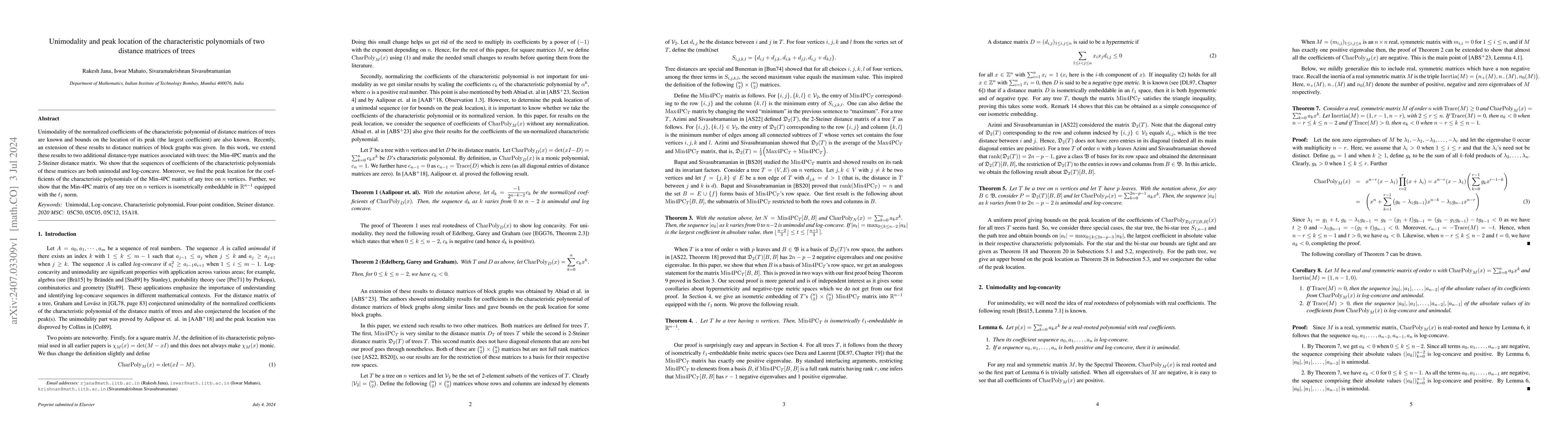 Thumbnail for Unimodality and peak location of the characteristic polynomials of two
  distance matrices of trees
