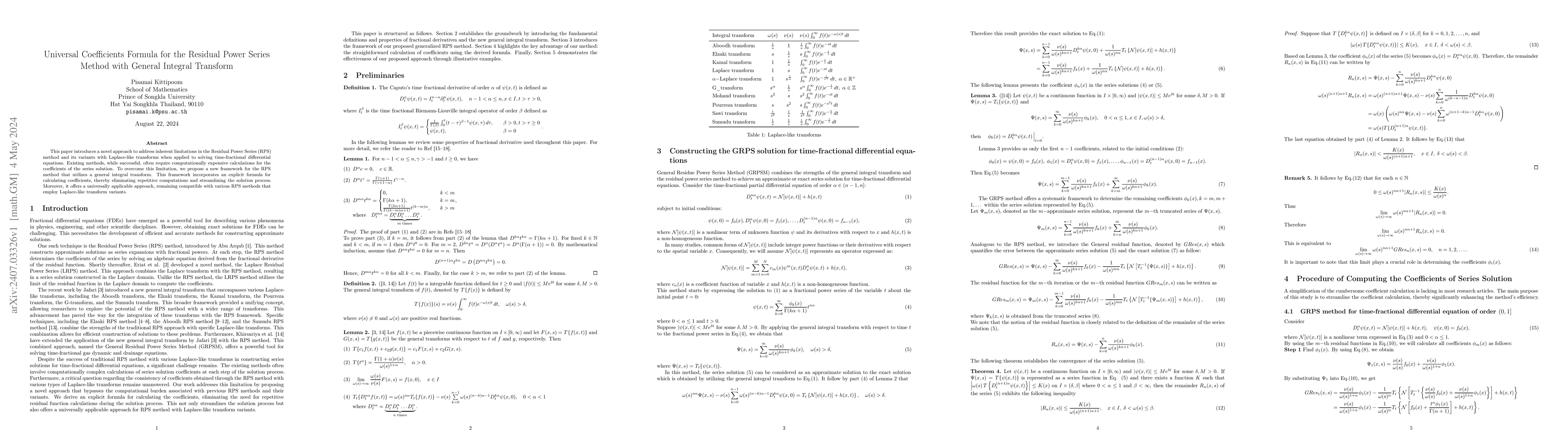 Thumbnail for Universal Coefficients Formula for the Residual Power Series Method with
  General Integral Transform
