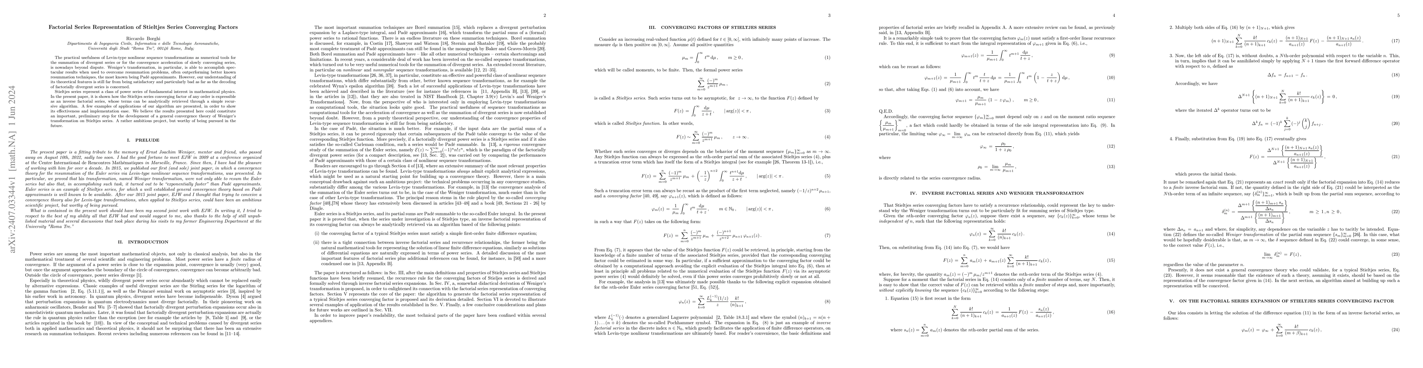 Thumbnail for Factorial Series Representation of Stieltjes Series Converging Factors