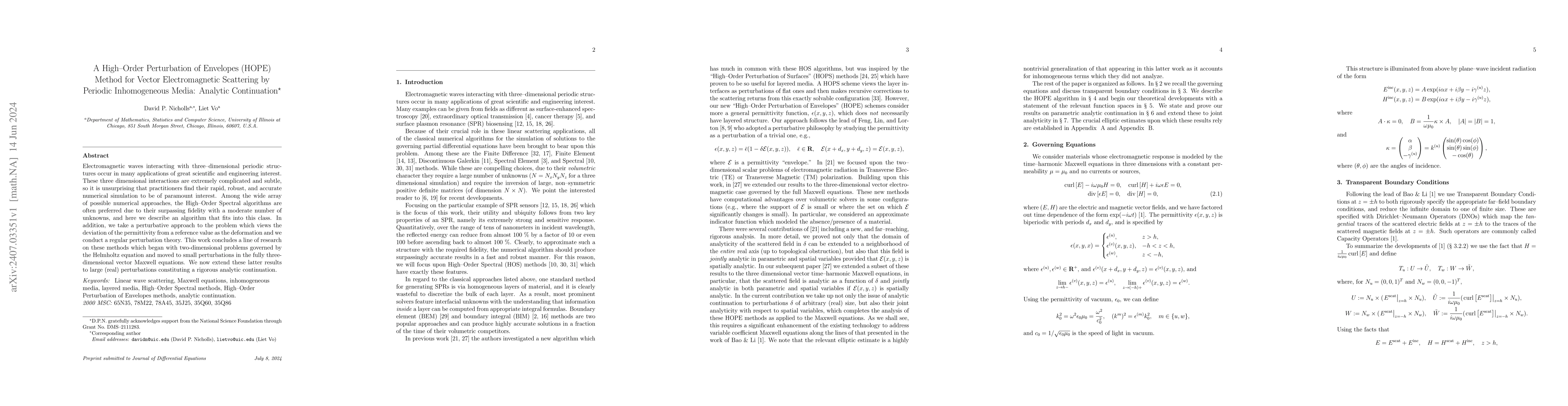 Thumbnail for A High-Order Perturbation of Envelopes (HOPE) Method for Vector
  Electromagnetic Scattering by Periodic Inhomogeneous Media: Analytic
  Continuation