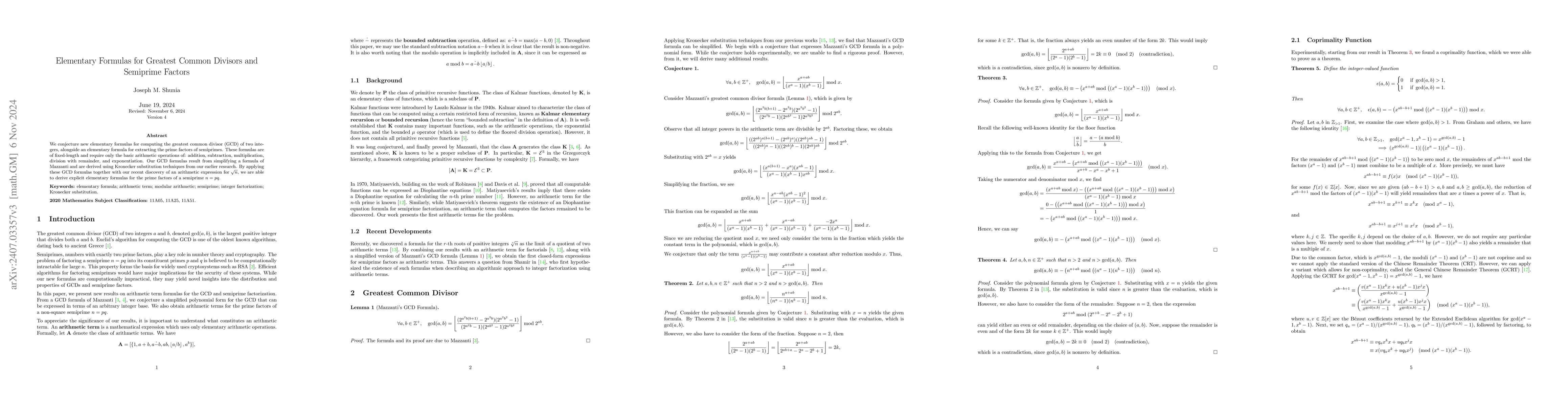 Thumbnail for Elementary Formulas for Greatest Common Divisors and Semiprime Factors