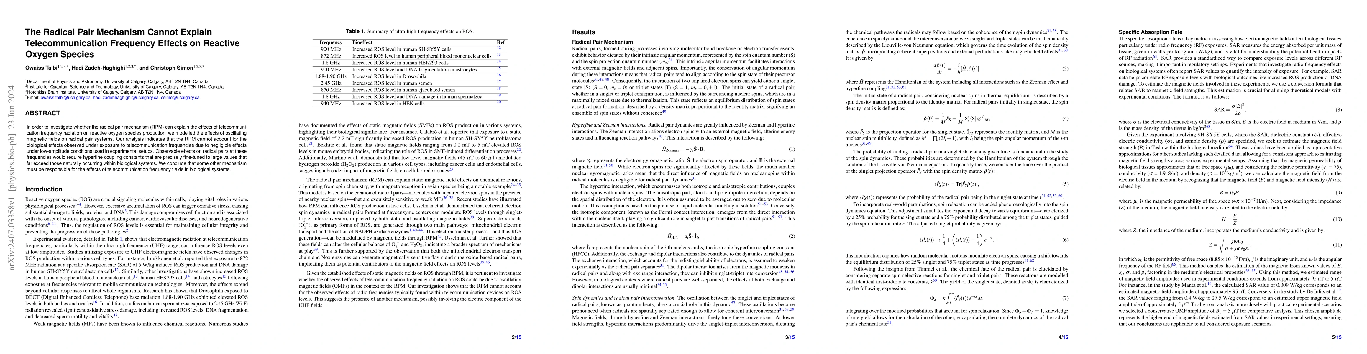 Thumbnail for The Radical Pair Mechanism Cannot Explain Telecommunication Frequency
  Effects on Reactive Oxygen Species