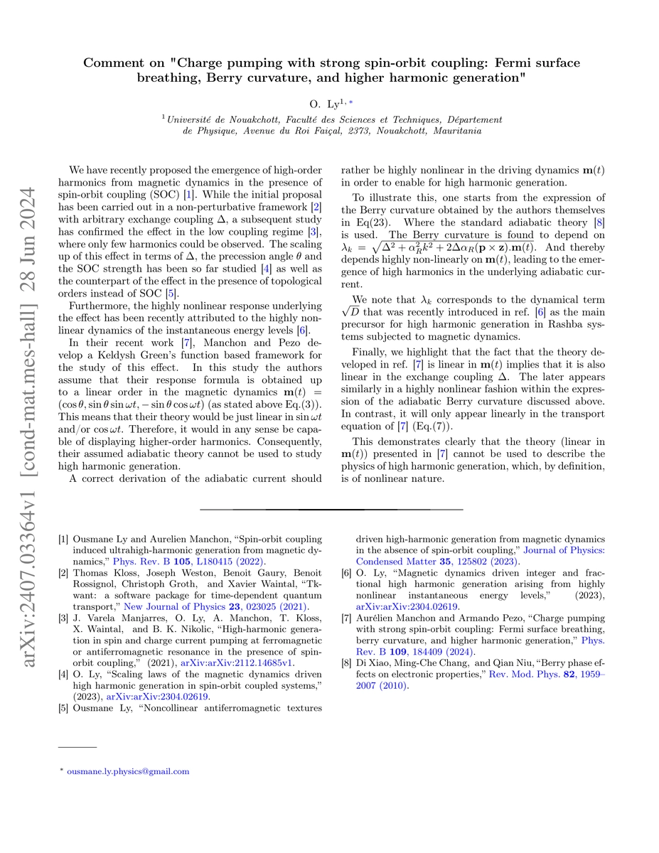 Thumbnail for Comment on "Charge pumping with strong spin-orbit coupling: Fermi
  surface breathing, Berry curvature, and higher harmonic generation"