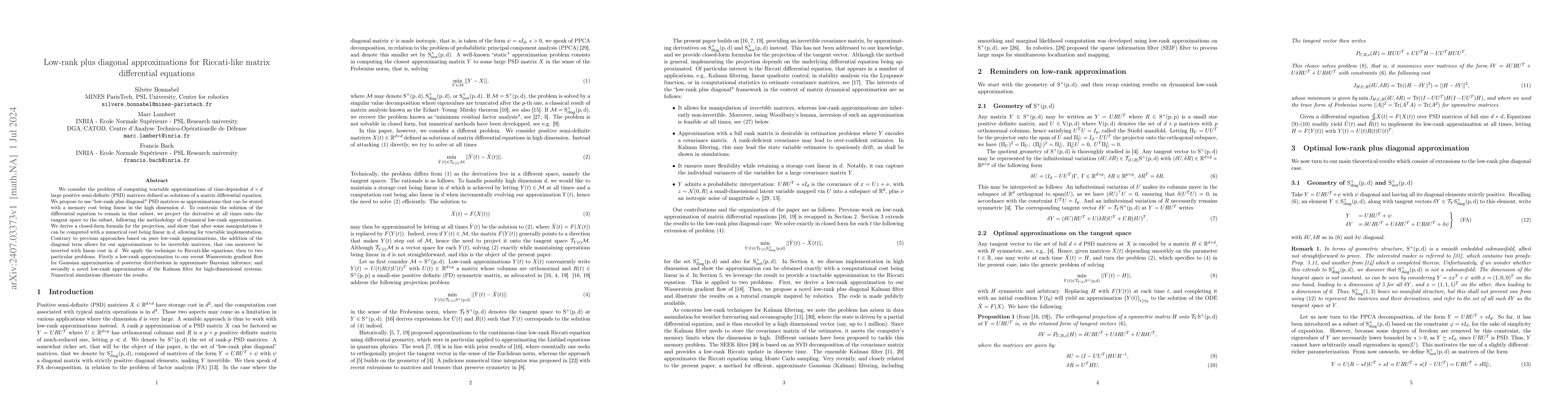 Thumbnail for Low-rank plus diagonal approximations for Riccati-like matrix
  differential equations