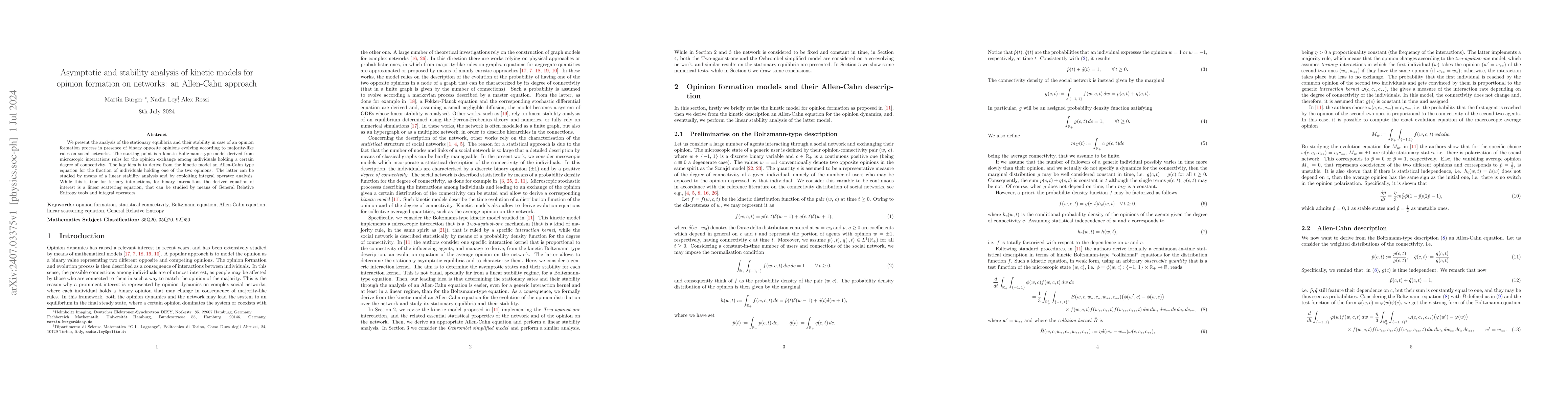 Thumbnail for Asymptotic and stability analysis of kinetic models for opinion
  formation on networks: an Allen-Cahn approach