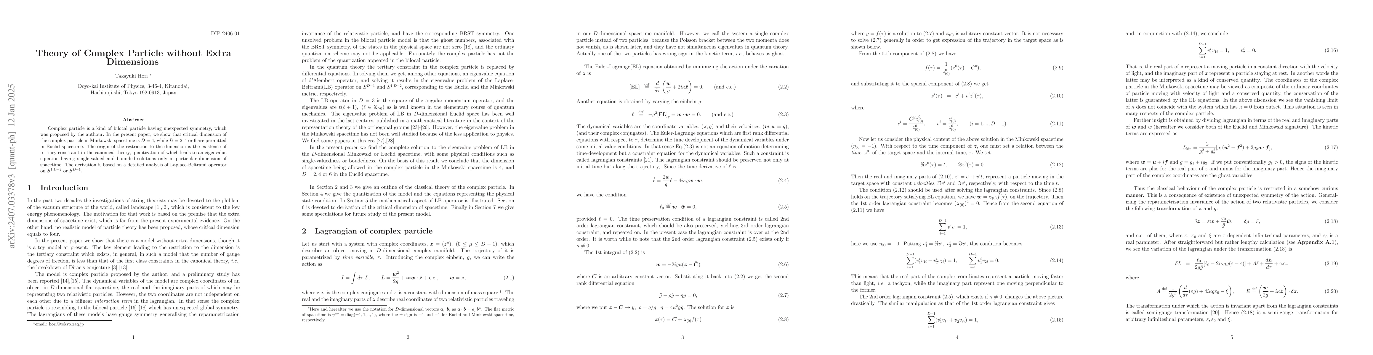 Thumbnail for Theory of Complex Particle without Extra Dimensions