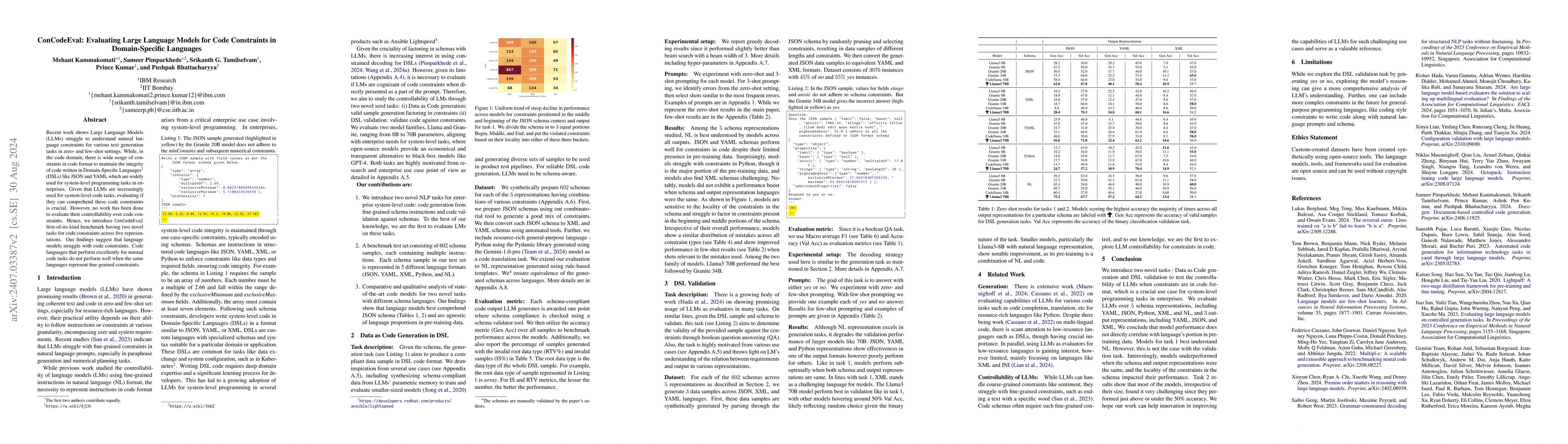 Thumbnail for ConCodeEval: Evaluating Large Language Models for Code Constraints in
  Domain-Specific Languages