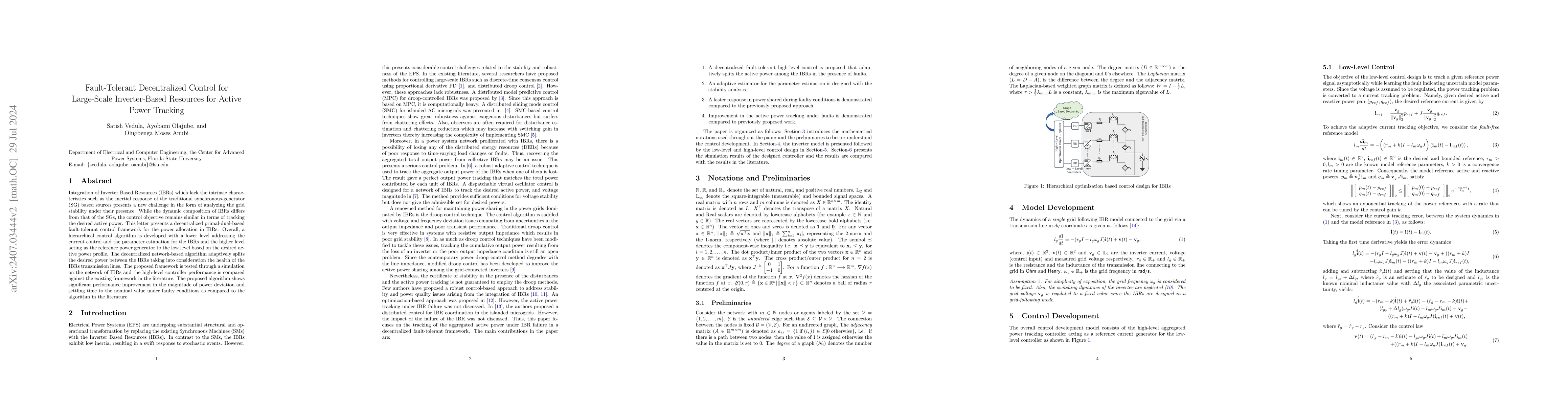 Thumbnail for Fault-Tolerant Decentralized Control for Large-scale Inverter-based
  Resources for Active Power Tracking