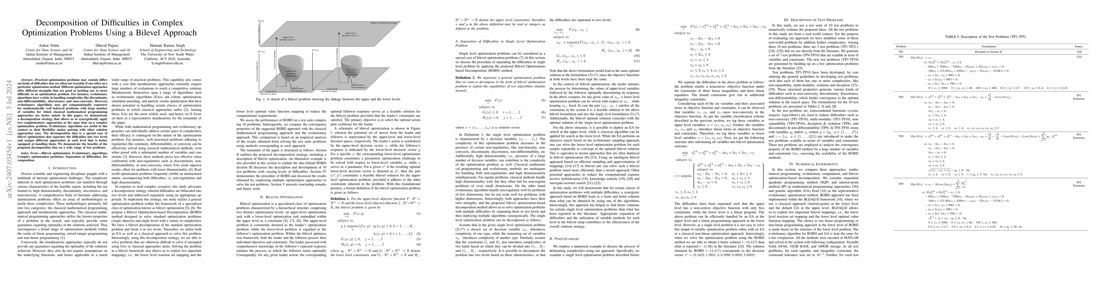 Thumbnail for Decomposition of Difficulties in Complex Optimization Problems Using a
  Bilevel Approach