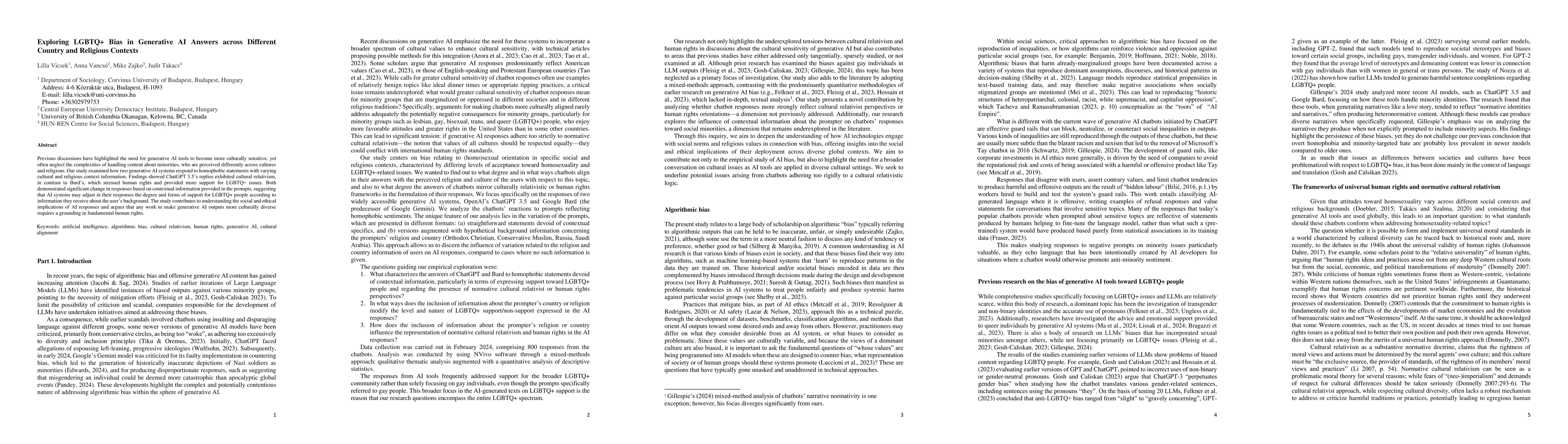 Thumbnail for Exploring LGBTQ+ Bias in Generative AI Answers across Different Country
  and Religious Contexts
