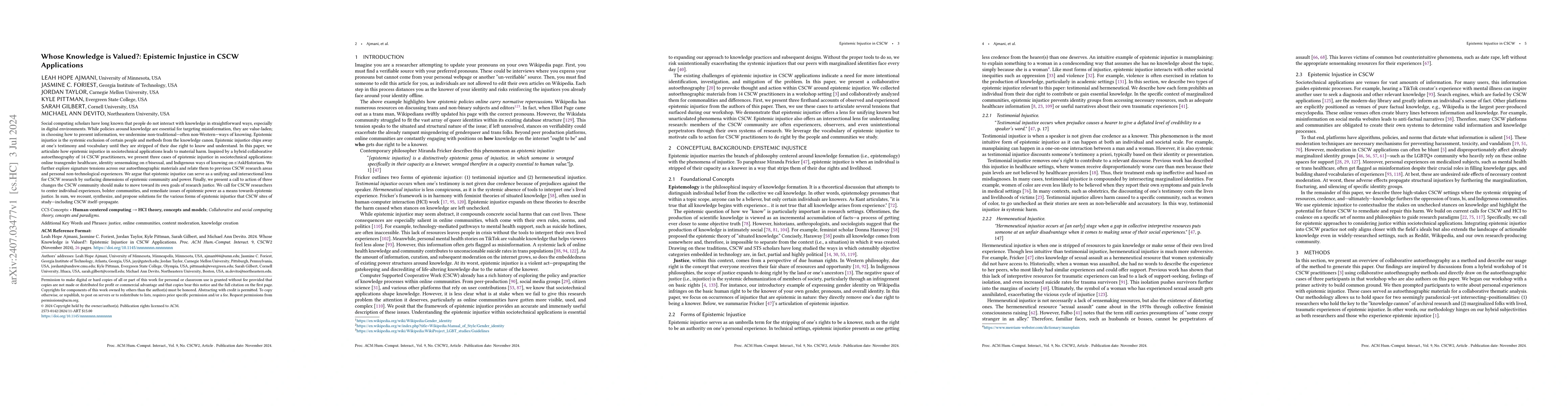 Thumbnail for Whose Knowledge is Valued?: Epistemic Injustice in CSCW Applications