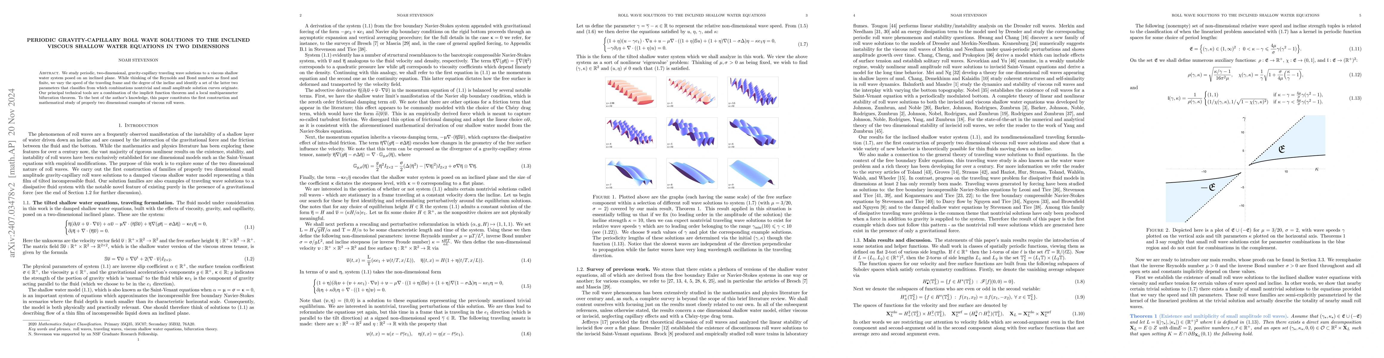 Thumbnail for Periodic gravity-capillary roll wave solutions to the inclined viscous
  shallow water equations in two dimensions