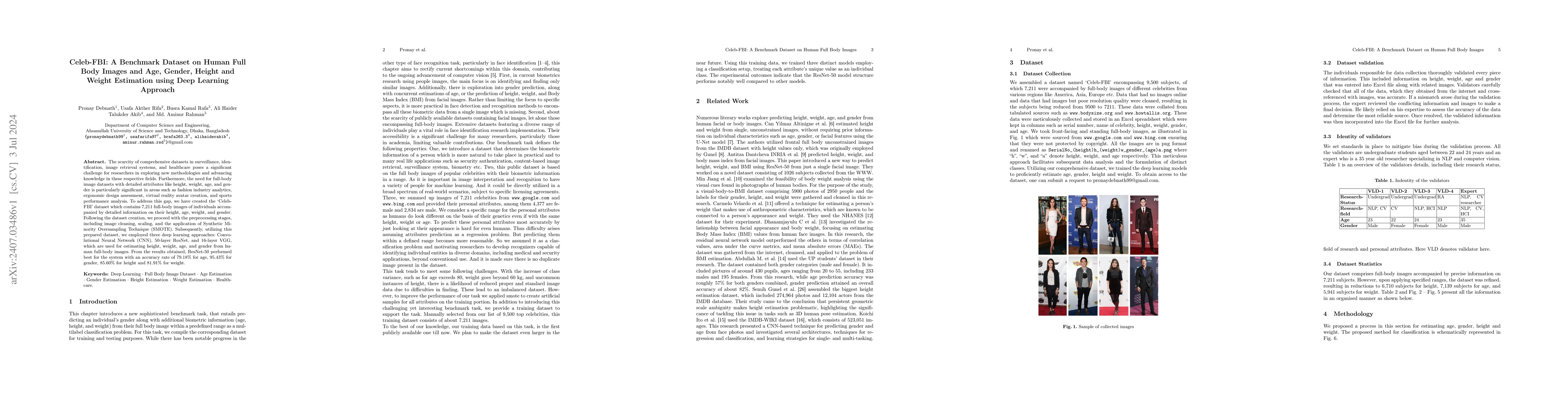 Thumbnail for Celeb-FBI: A Benchmark Dataset on Human Full Body Images and Age,
  Gender, Height and Weight Estimation using Deep Learning Approach