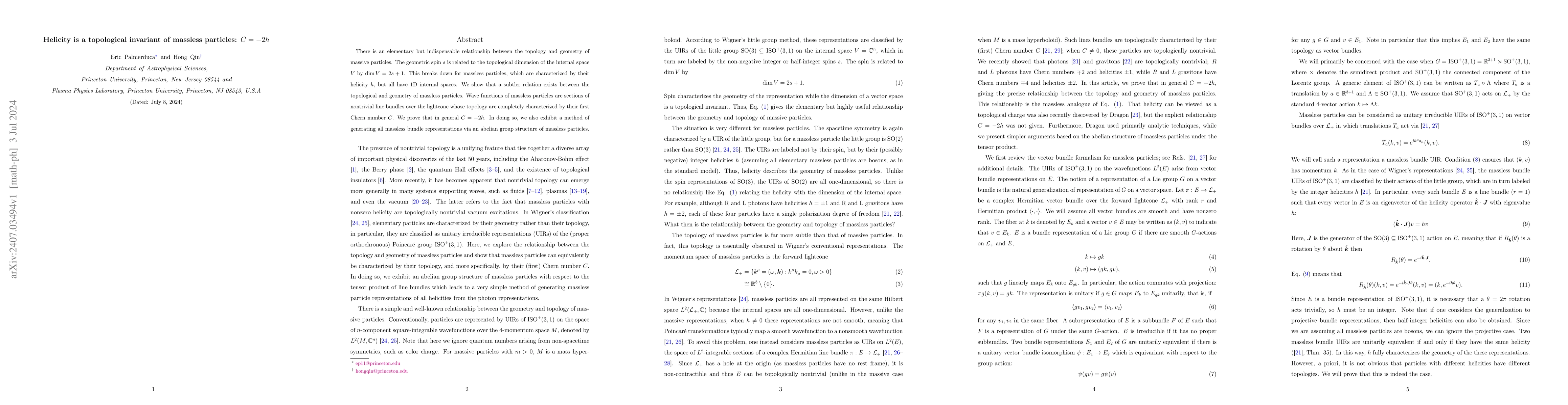 Thumbnail for Helicity is a topological invariant of massless particles: C=-2h