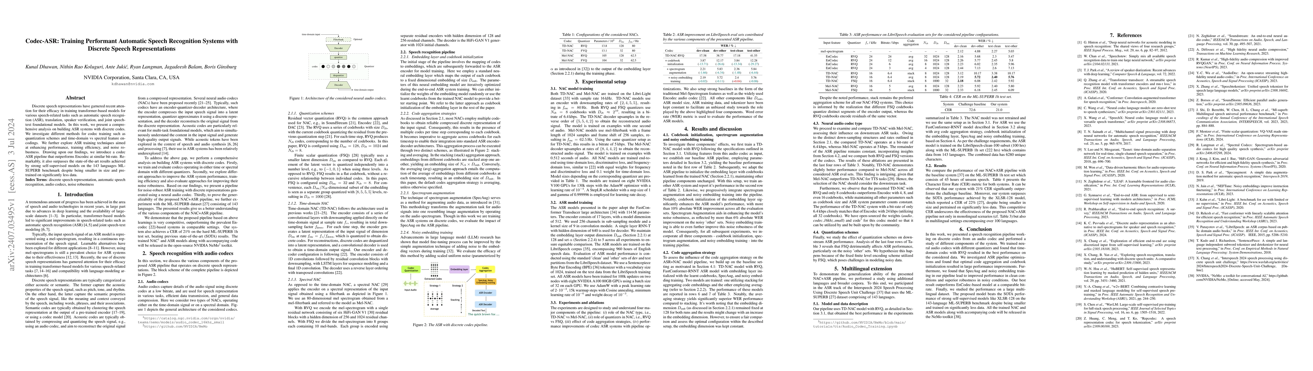 Thumbnail for Codec-ASR: Training Performant Automatic Speech Recognition Systems with
  Discrete Speech Representations