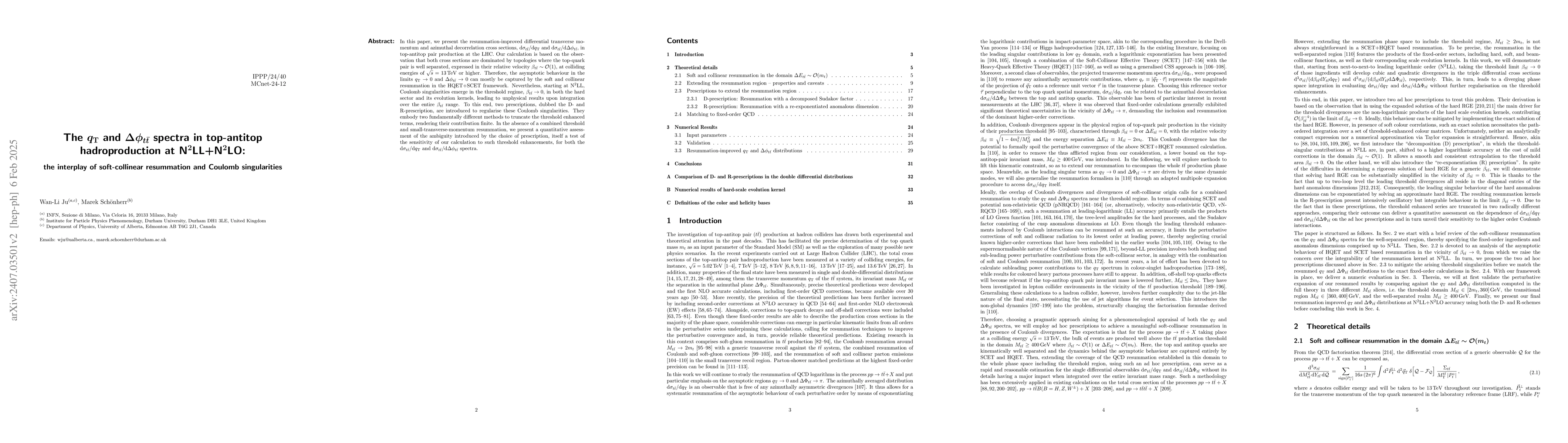 Thumbnail for The $q_{\mathrm{T}}$ and $Δφ_{t\bar{t}}$ spectra in top-antitop
  hadroproduction at NNLL+NNLO: the interplay of soft-collinear resummation and
  Coulomb singularities