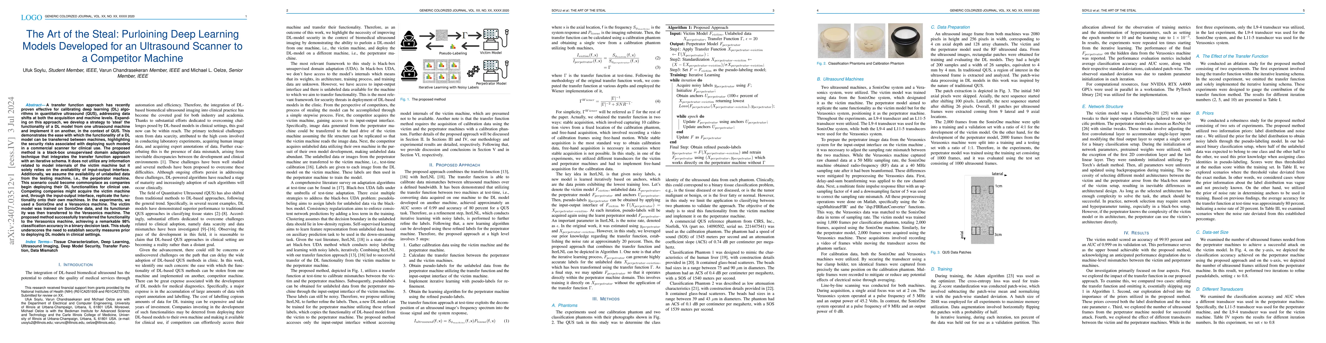 Thumbnail for The Art of the Steal: Purloining Deep Learning Models Developed for an
  Ultrasound Scanner to a Competitor Machine