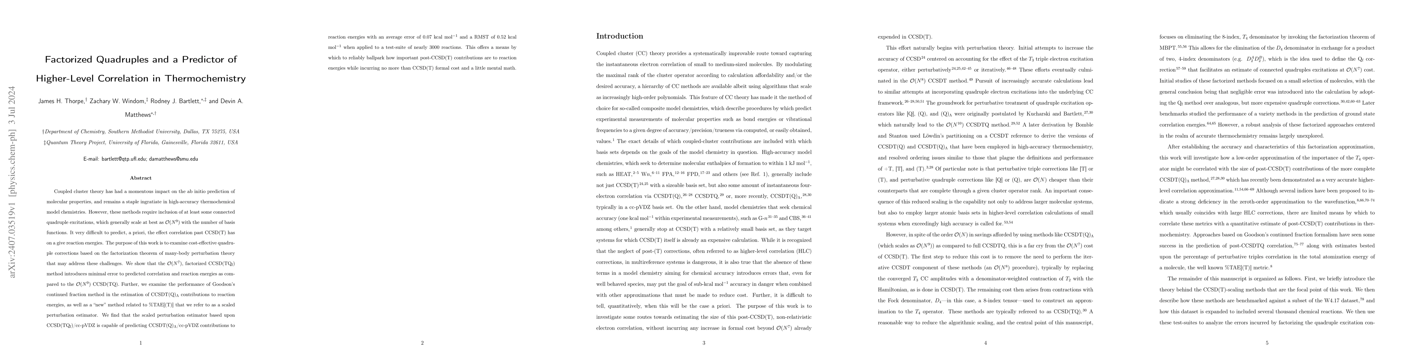 Thumbnail for Factorized Quadruples and a Predictor of Higher-Level Correlation in
  Thermochemistry
