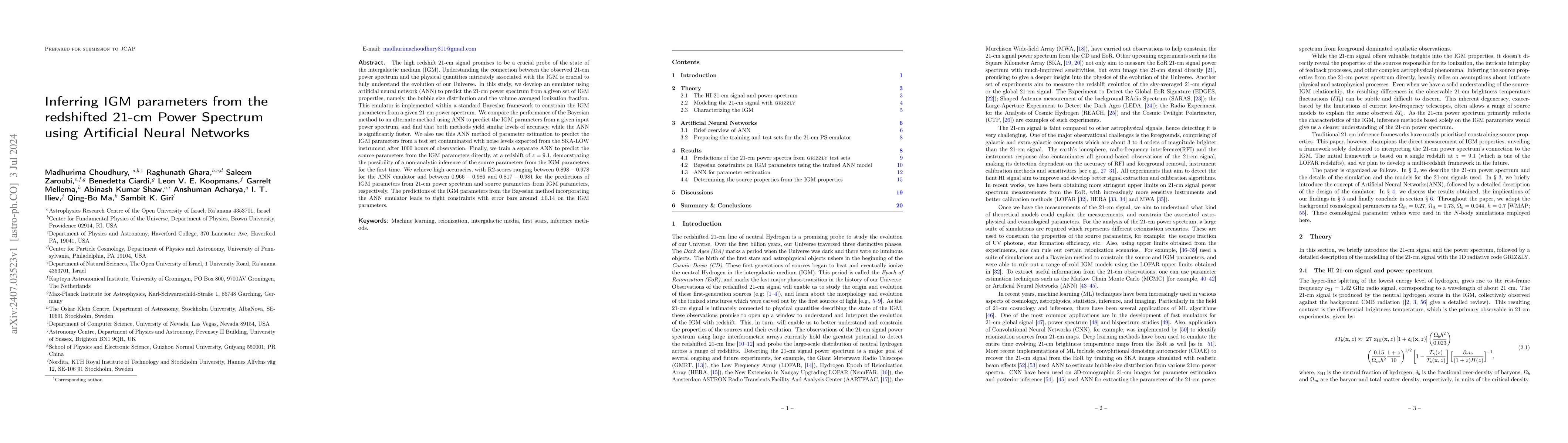 Thumbnail for Inferring IGM parameters from the redshifted 21-cm Power Spectrum using
  Artificial Neural Networks