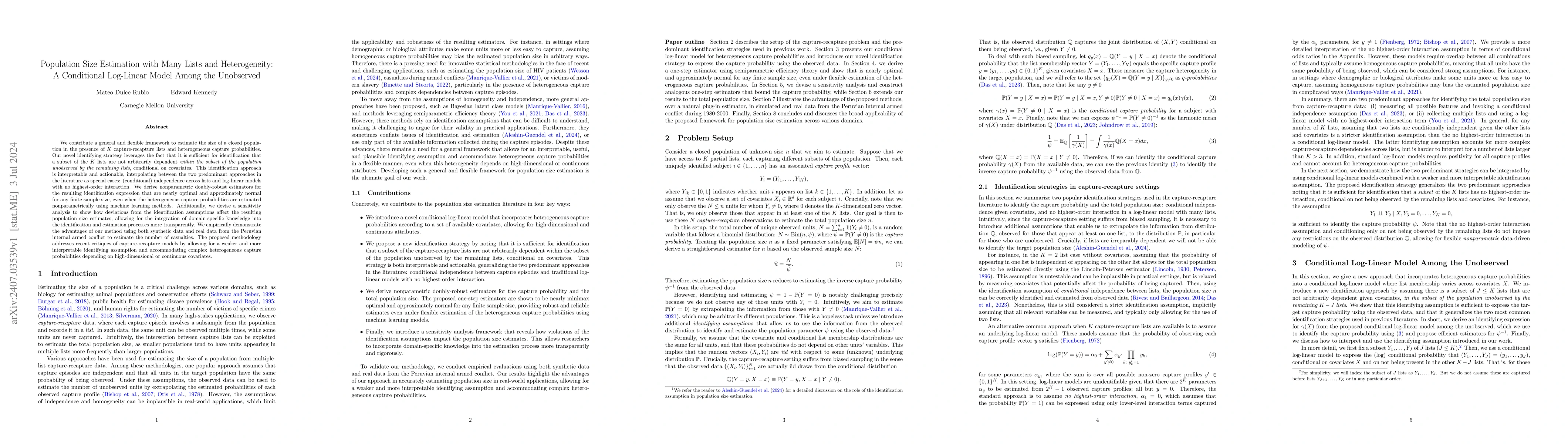 Thumbnail for Population Size Estimation with Many Lists and Heterogeneity: A
  Conditional Log-Linear Model Among the Unobserved