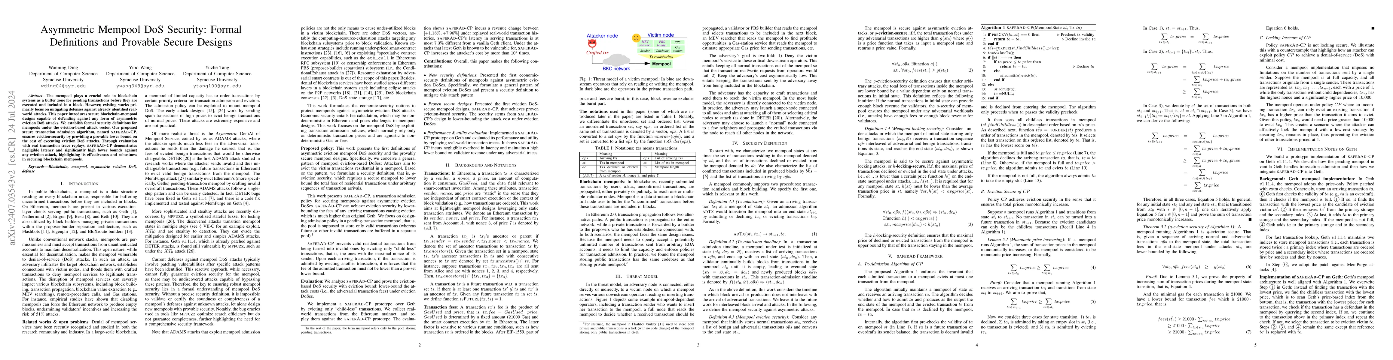 Thumbnail for Asymmetric Mempool DoS Security: Formal Definitions and Provable Secure
  Designs