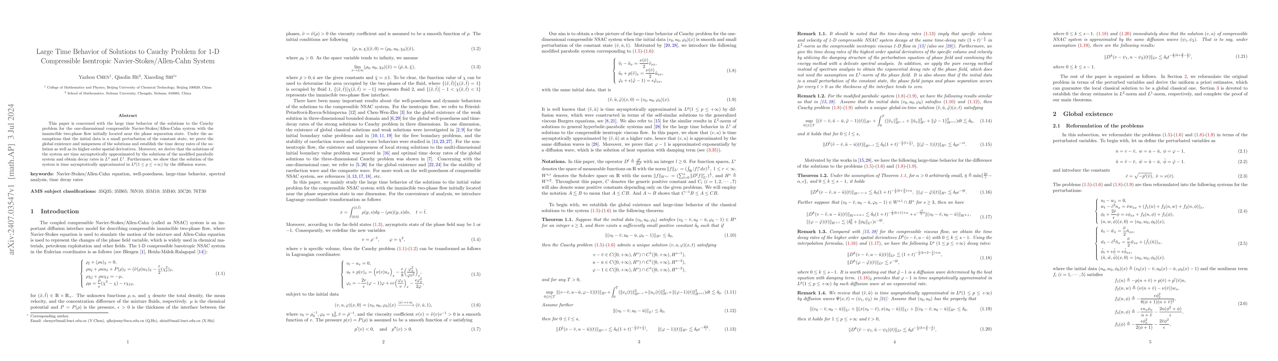 Thumbnail for Large Time Behavior of Solutions to Cauchy Problem for 1-D Compressible
  Isentropic Navier-Stokes/Allen-Cahn System