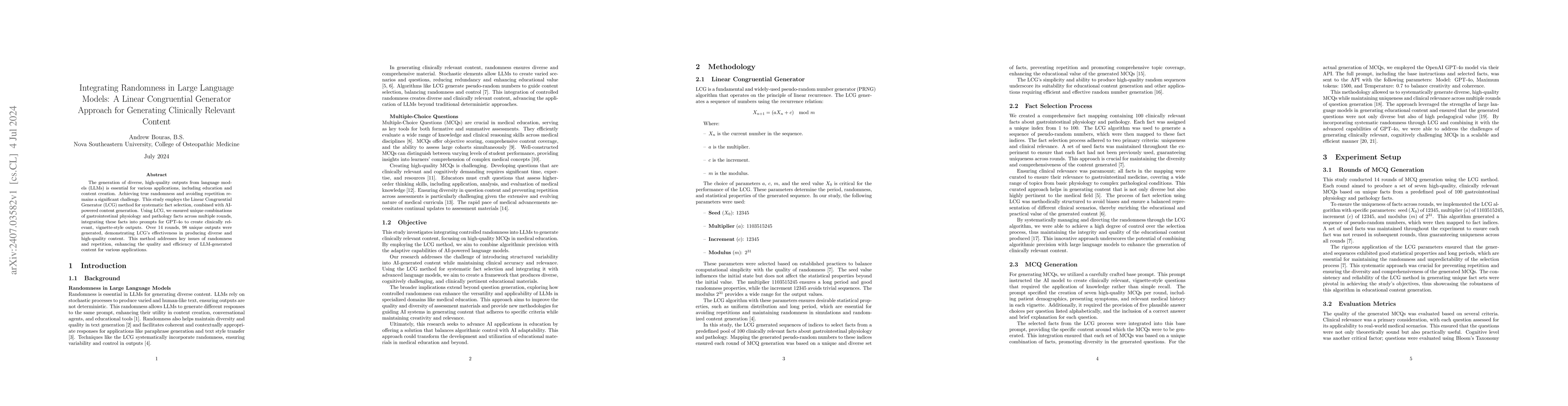 Thumbnail for Integrating Randomness in Large Language Models: A Linear Congruential
  Generator Approach for Generating Clinically Relevant Content