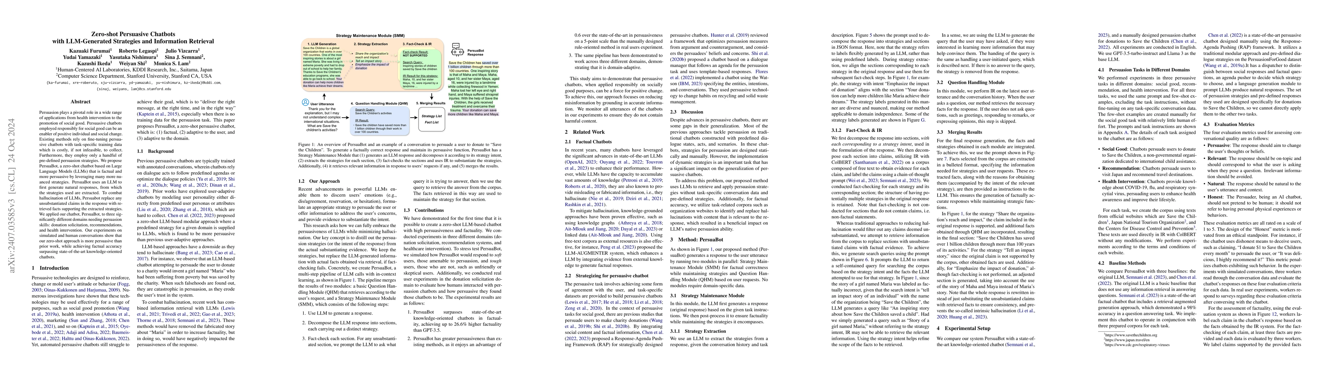 Thumbnail for Zero-shot Persuasive Chatbots with LLM-Generated Strategies and
  Information Retrieval