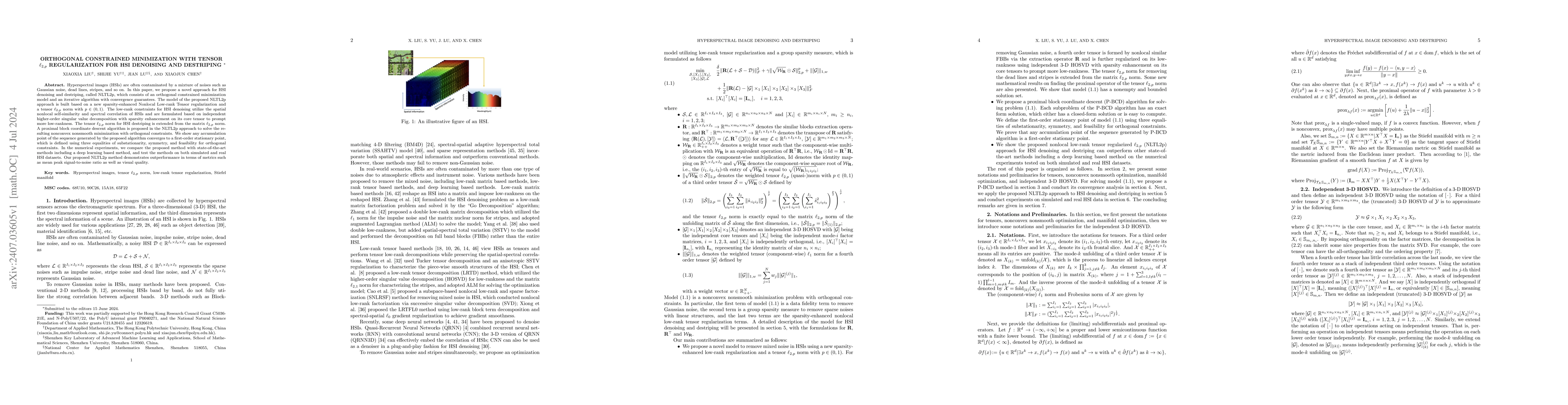 Thumbnail for Orthogonal Constrained Minimization with Tensor $\ell_{2,p}$
  Regularization for HSI Denoising and Destriping