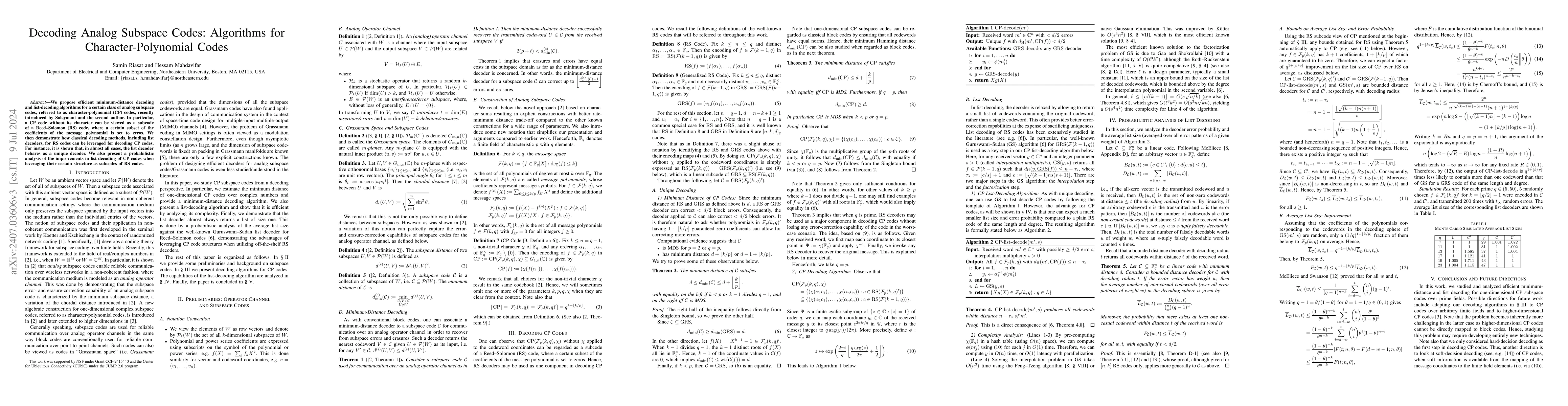 Thumbnail for Decoding Analog Subspace Codes: Algorithms for Character-Polynomial
  Codes