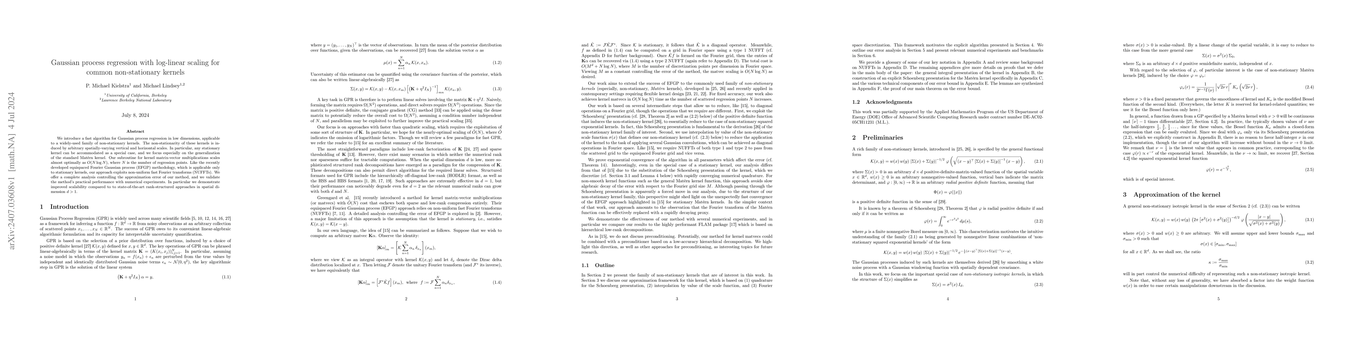 Thumbnail for Gaussian process regression with log-linear scaling for common
  non-stationary kernels