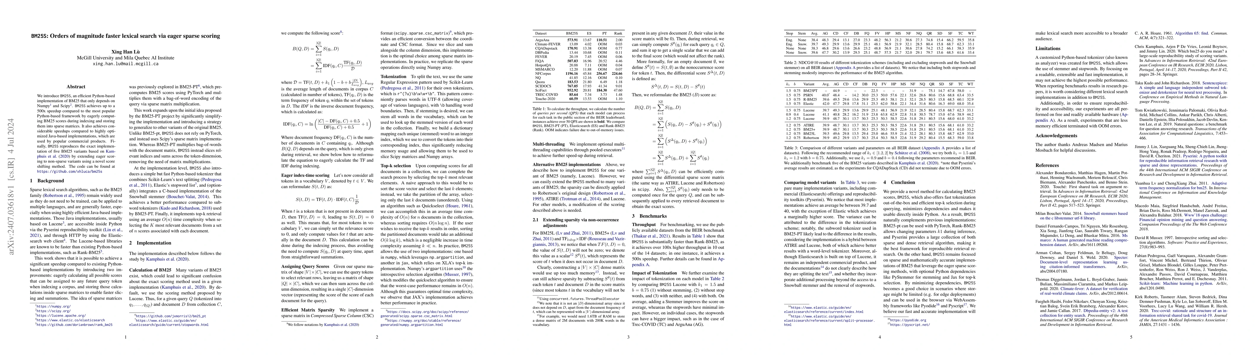 Thumbnail for BM25S: Orders of magnitude faster lexical search via eager sparse
  scoring