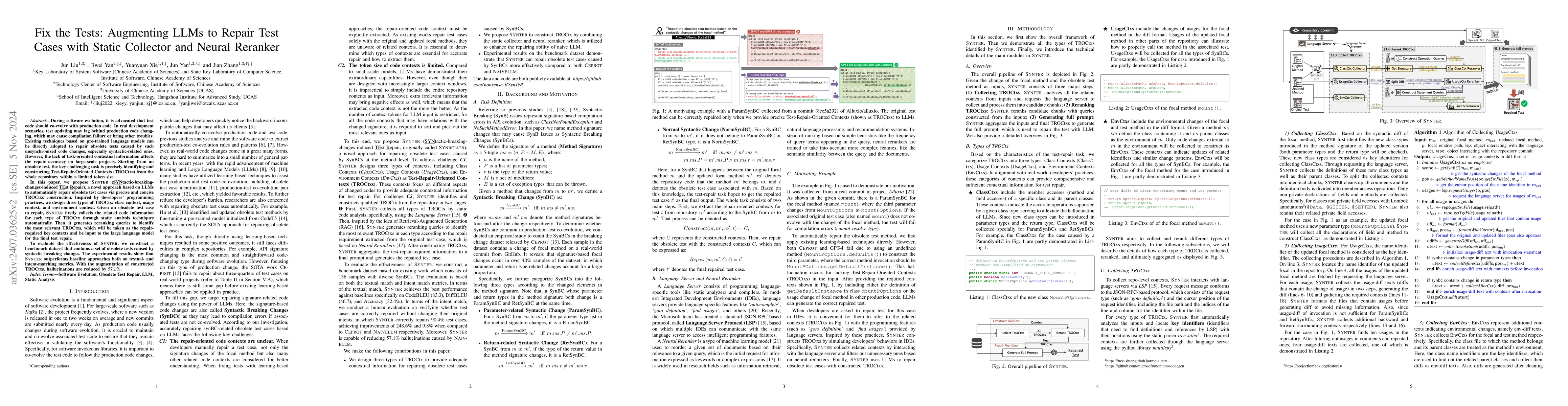Thumbnail for Fix the Tests: Augmenting LLMs to Repair Test Cases with Static
  Collector and Neural Reranker