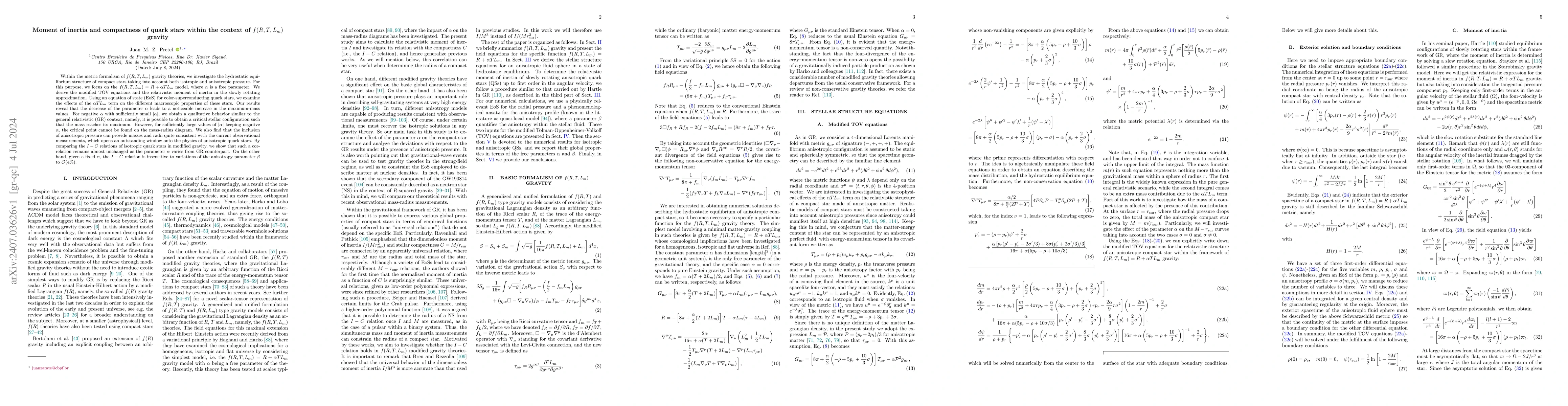 Thumbnail for Moment of inertia and compactness of quark stars within the context of
  $f(R,T,L_m)$ gravity