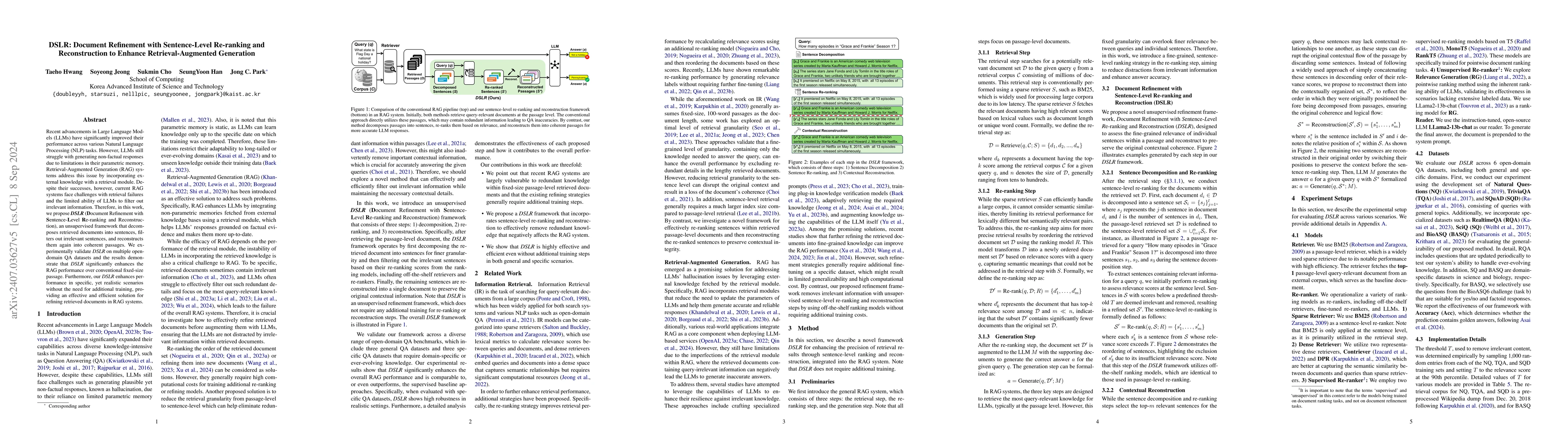 Thumbnail for DSLR: Document Refinement with Sentence-Level Re-ranking and
  Reconstruction to Enhance Retrieval-Augmented Generation